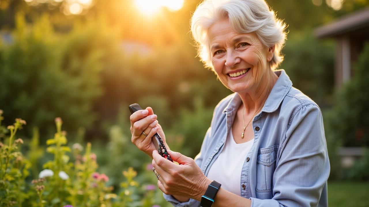 Smiling senior woman gardening while wearing a discreet safety monitoring band