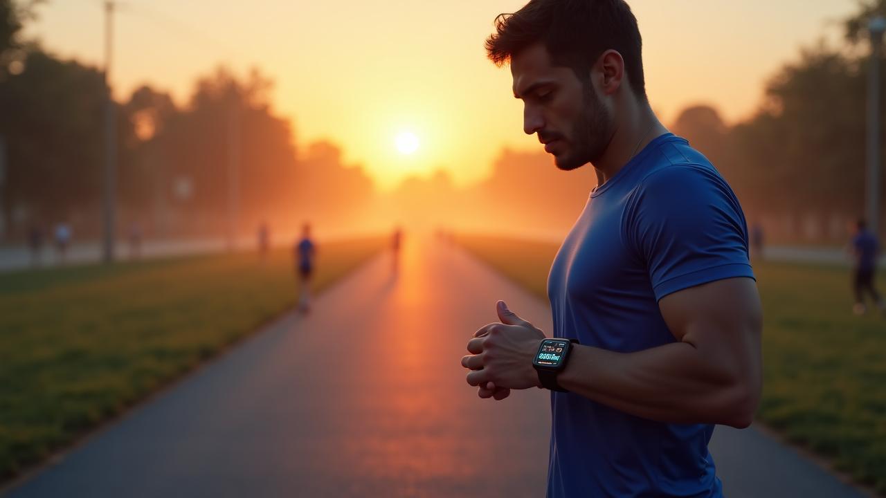 A focused marathon runner checks a high-end GPS smartwatch at sunrise