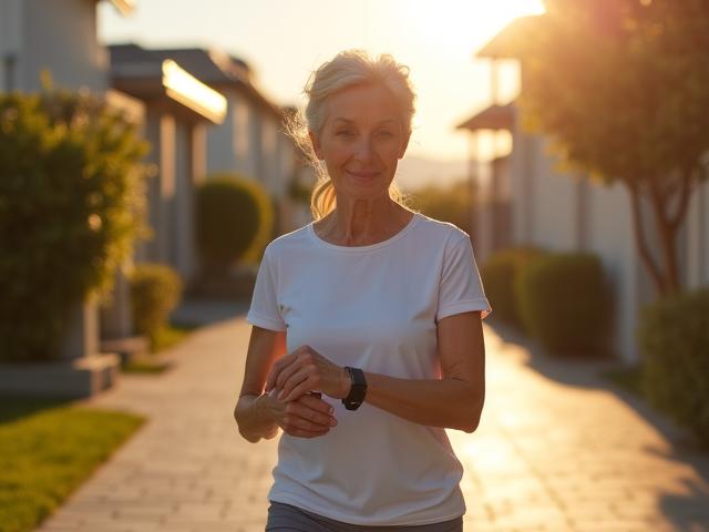 Senior woman walking confidently while monitoring health metrics on a wristband