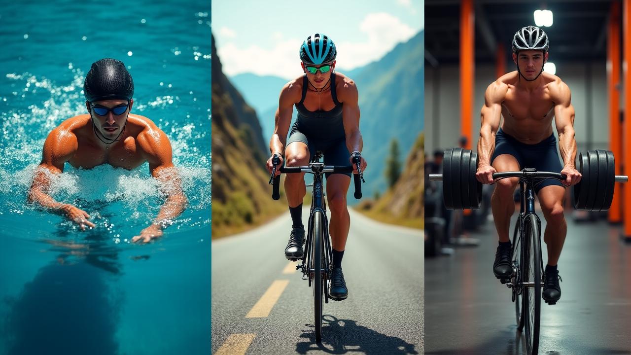 Athletes in a transition phase between swimming, cycling, and running
