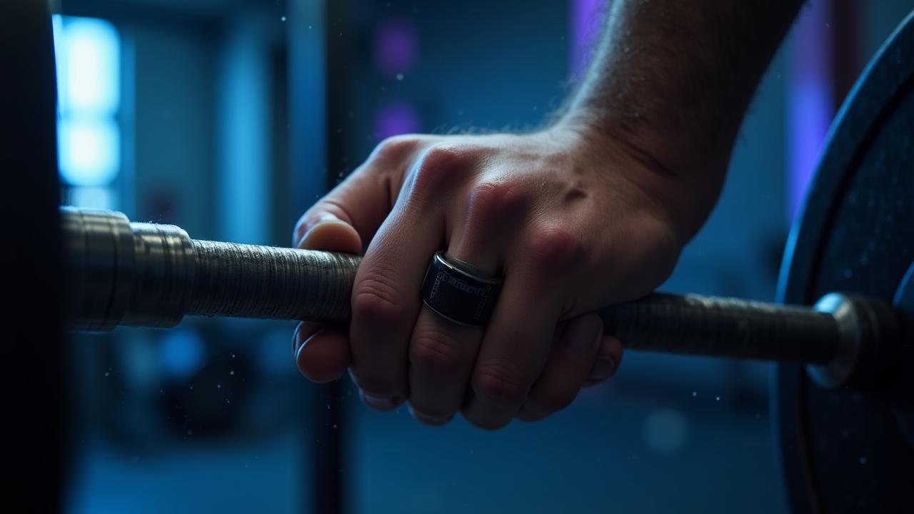 A close-up of a weightlifter grips a heavy barbell, showing the sleek smart ring on their finger tracking the lift
