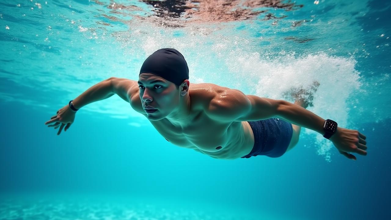 Swimmer underwater performing a high-efficiency freestyle stroke with a waterproof fitness tracker visible